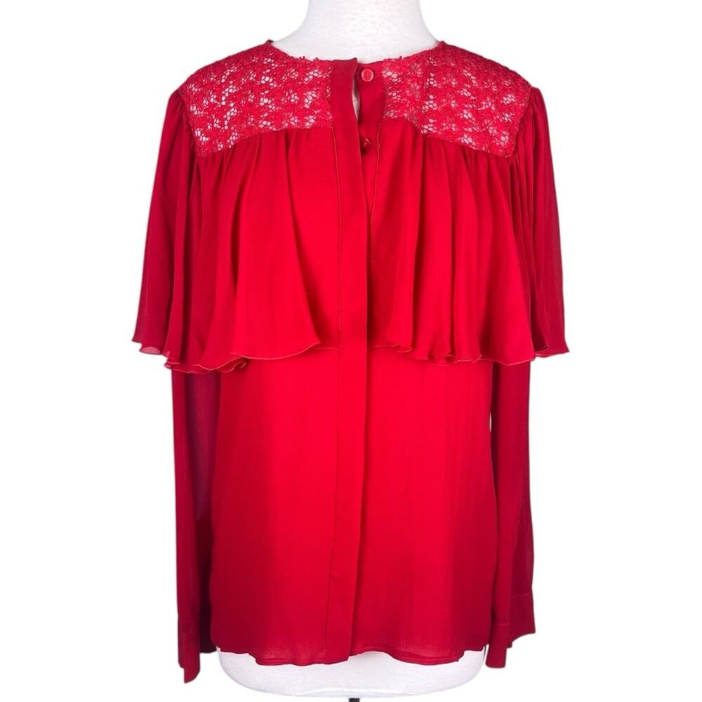 Giambattista Valli Red Silk Blouse Womens Large Italy Button Down Lace Ruffle